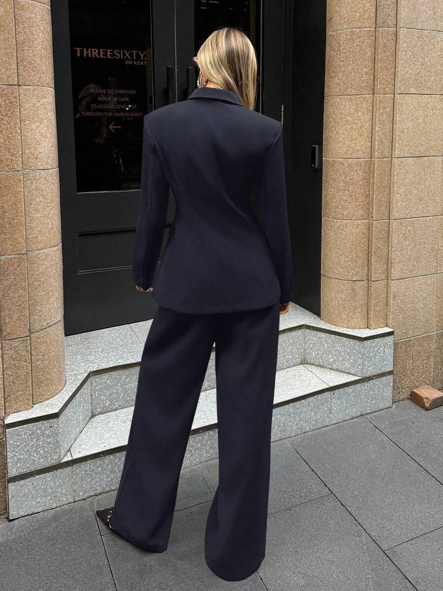 Notched Collar Jacket And Pants Office Suit Coffee Brown