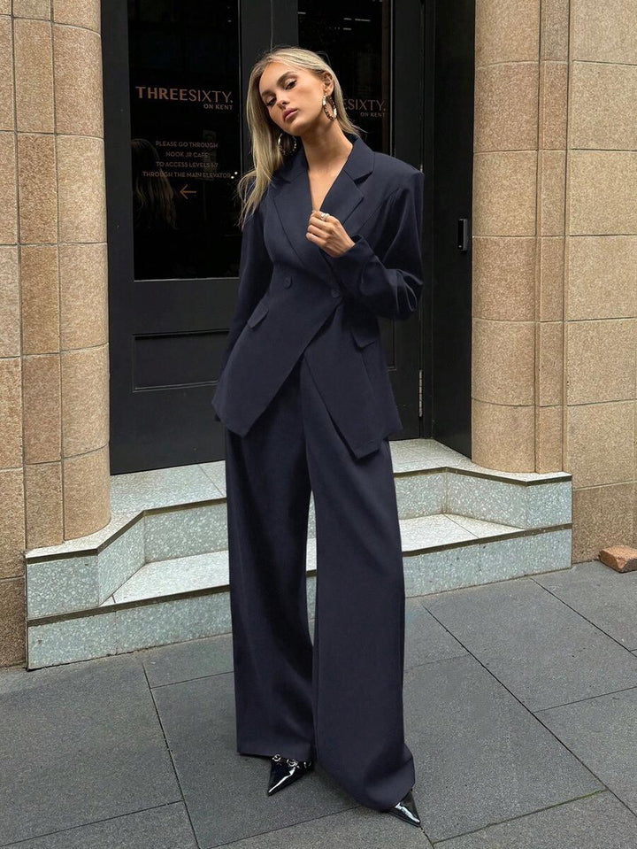Notched Collar Jacket And Pants Office Suit Coffee Brown