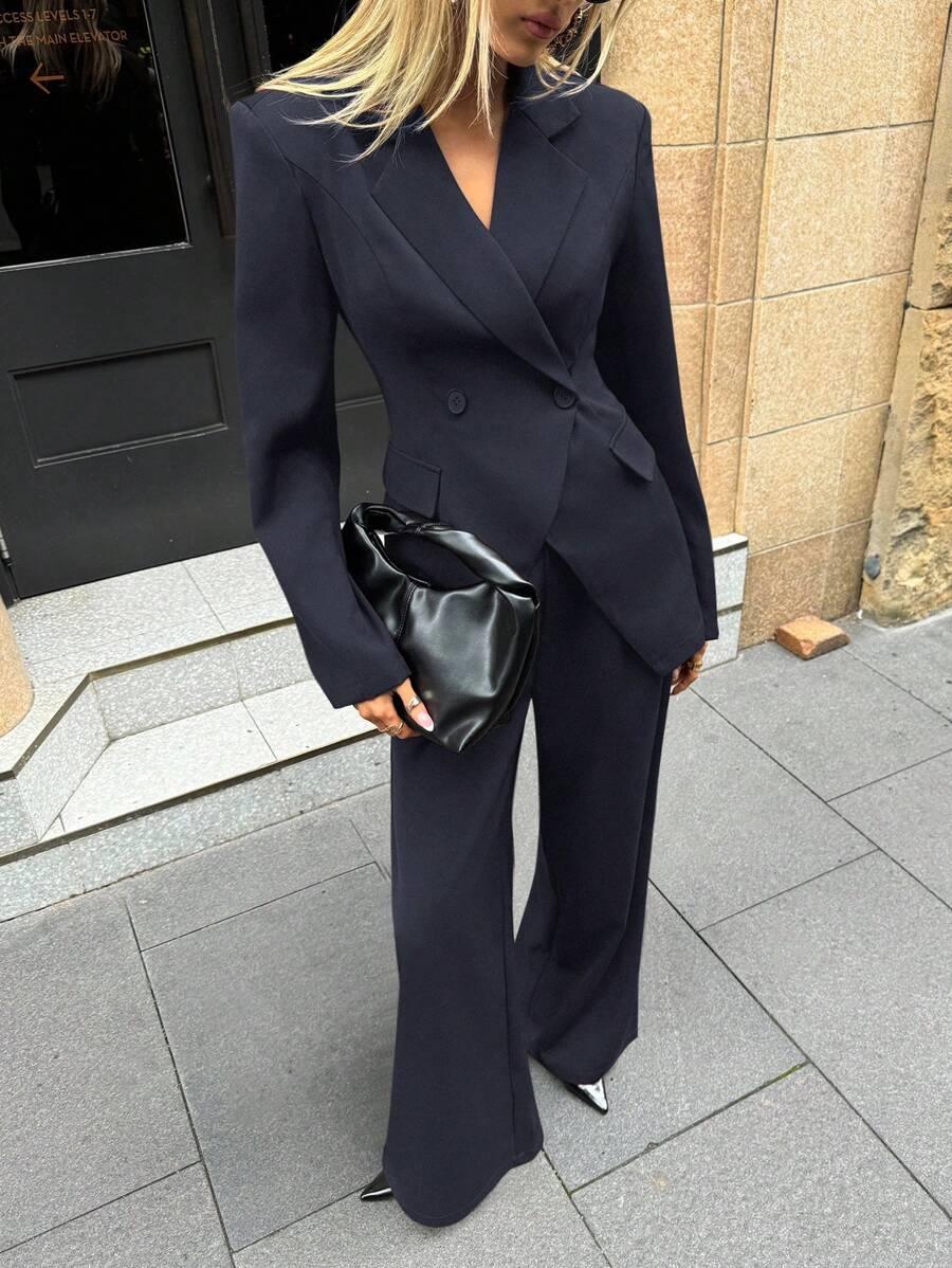 Notched Collar Jacket And Pants Office Suit Coffee Brown