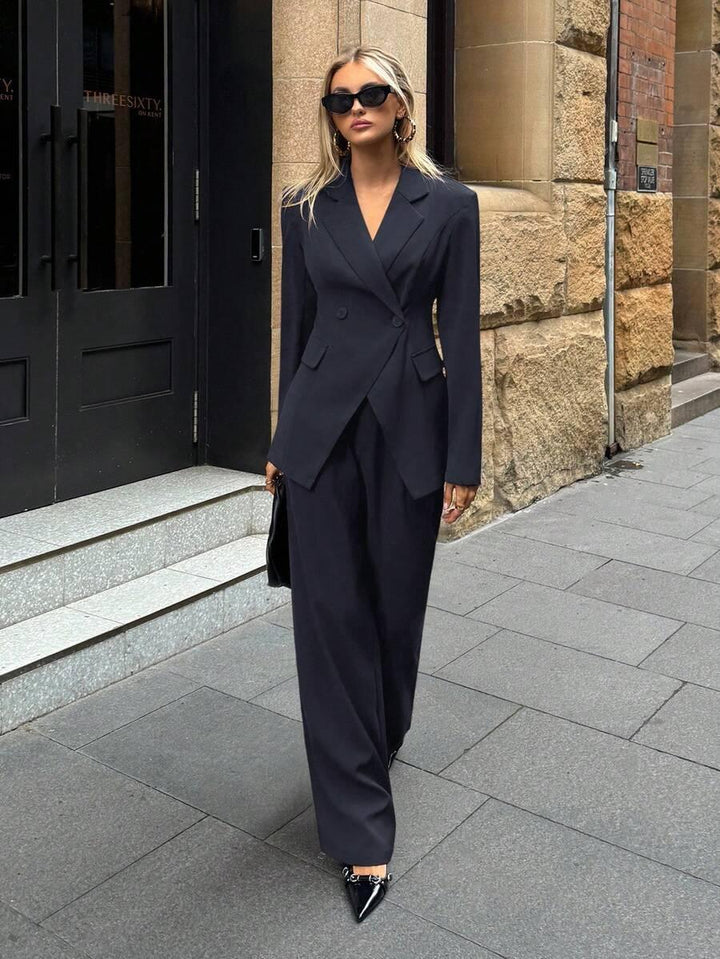Notched Collar Jacket And Pants Office Suit Coffee Brown