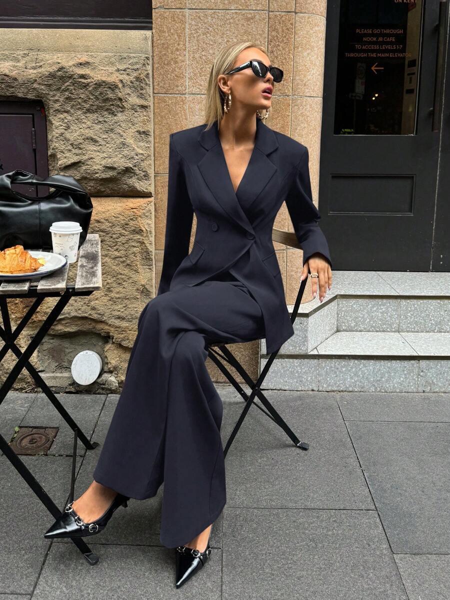 Notched Collar Jacket And Pants Office Suit Coffee Brown