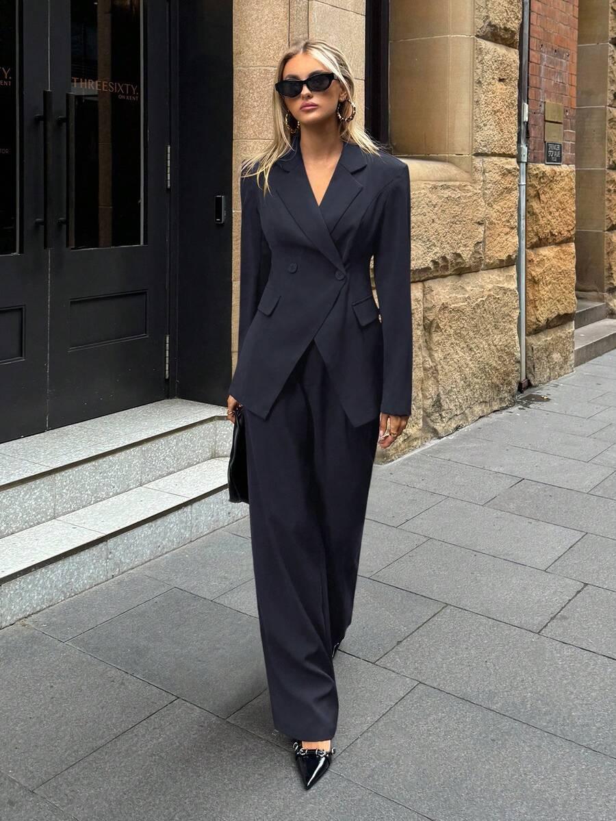 Notched Collar Jacket And Pants Office Suit Coffee Brown