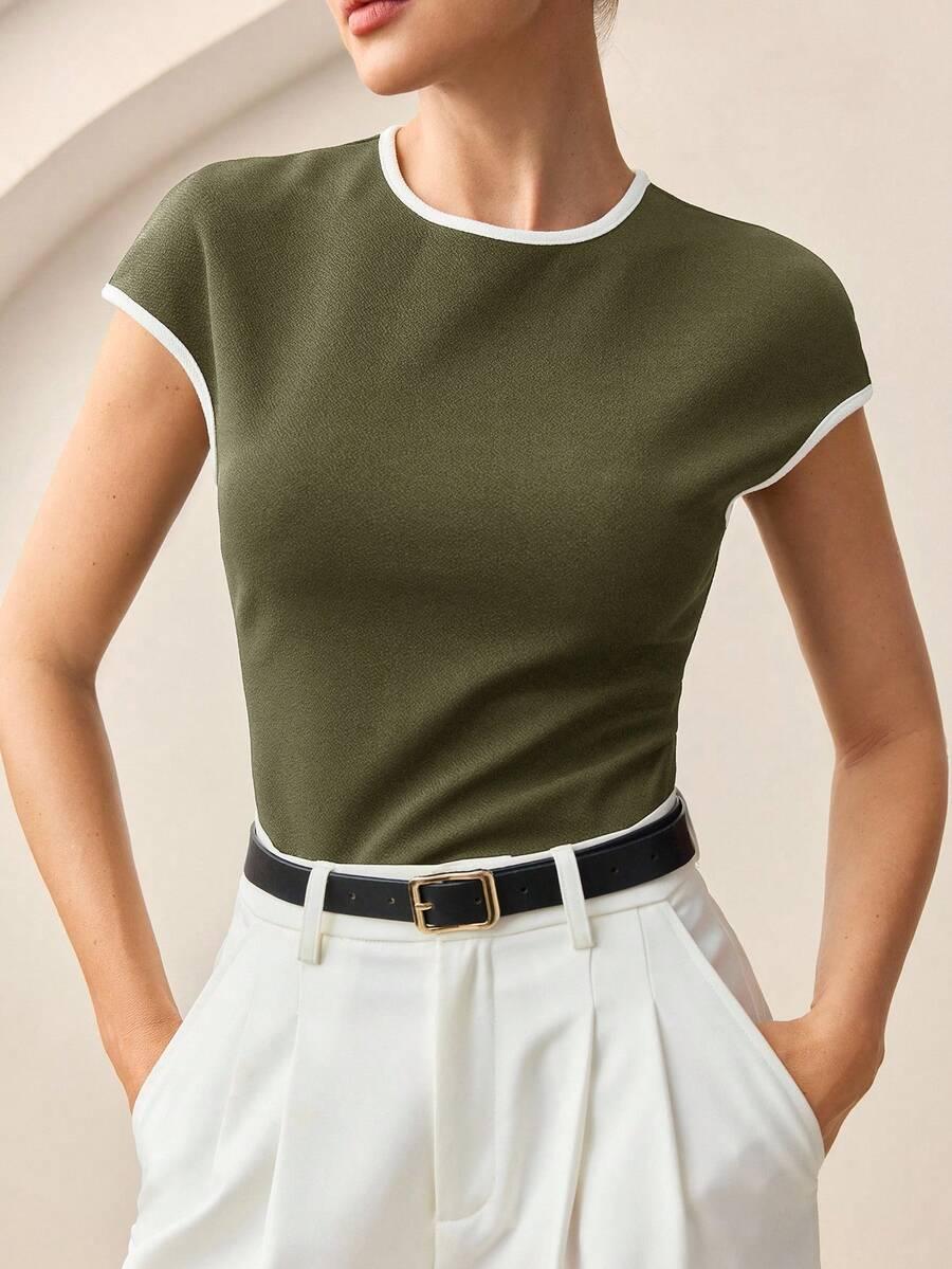 Contrast Trim Round Neck Short Sleeve Tee All Day Comfort