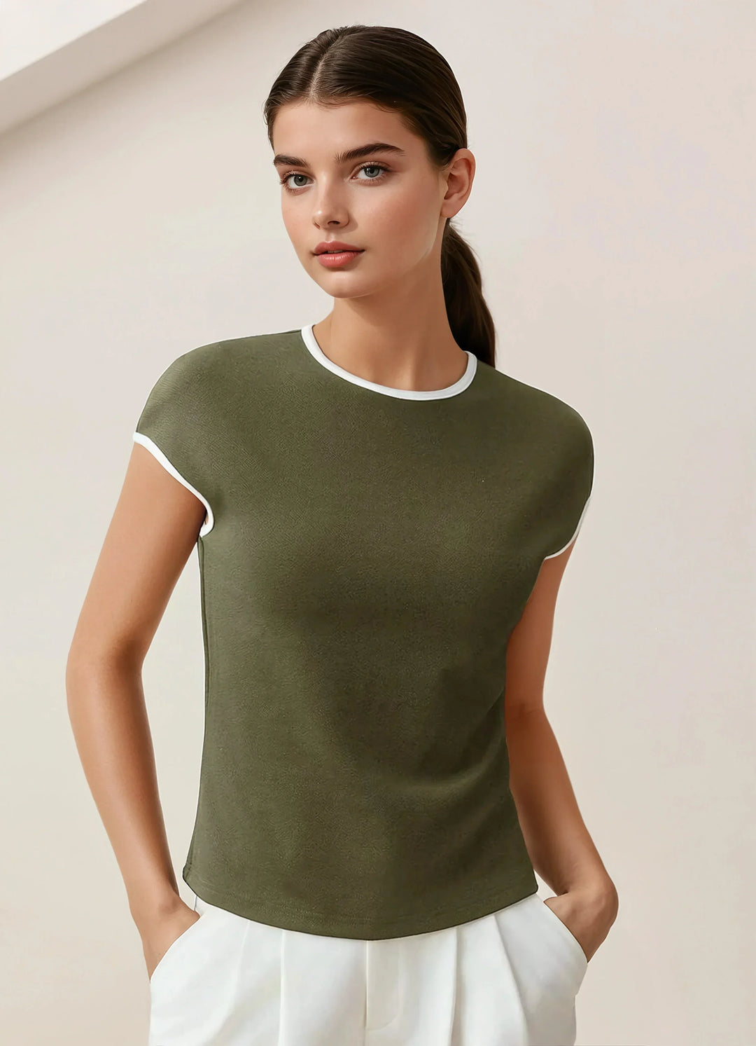Contrast Trim Round Neck Short Sleeve Tee All Day Comfort