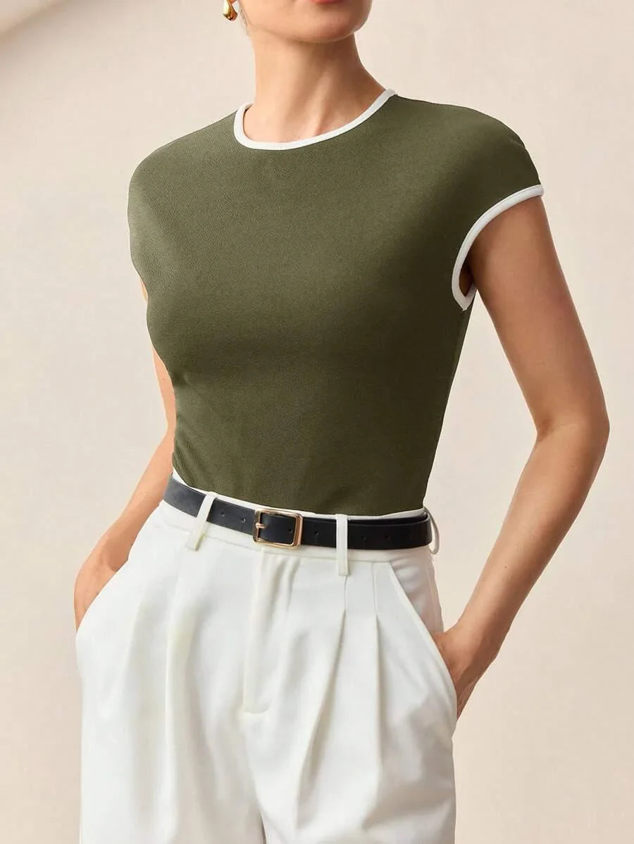Contrast Trim Round Neck Short Sleeve Tee All Day Comfort