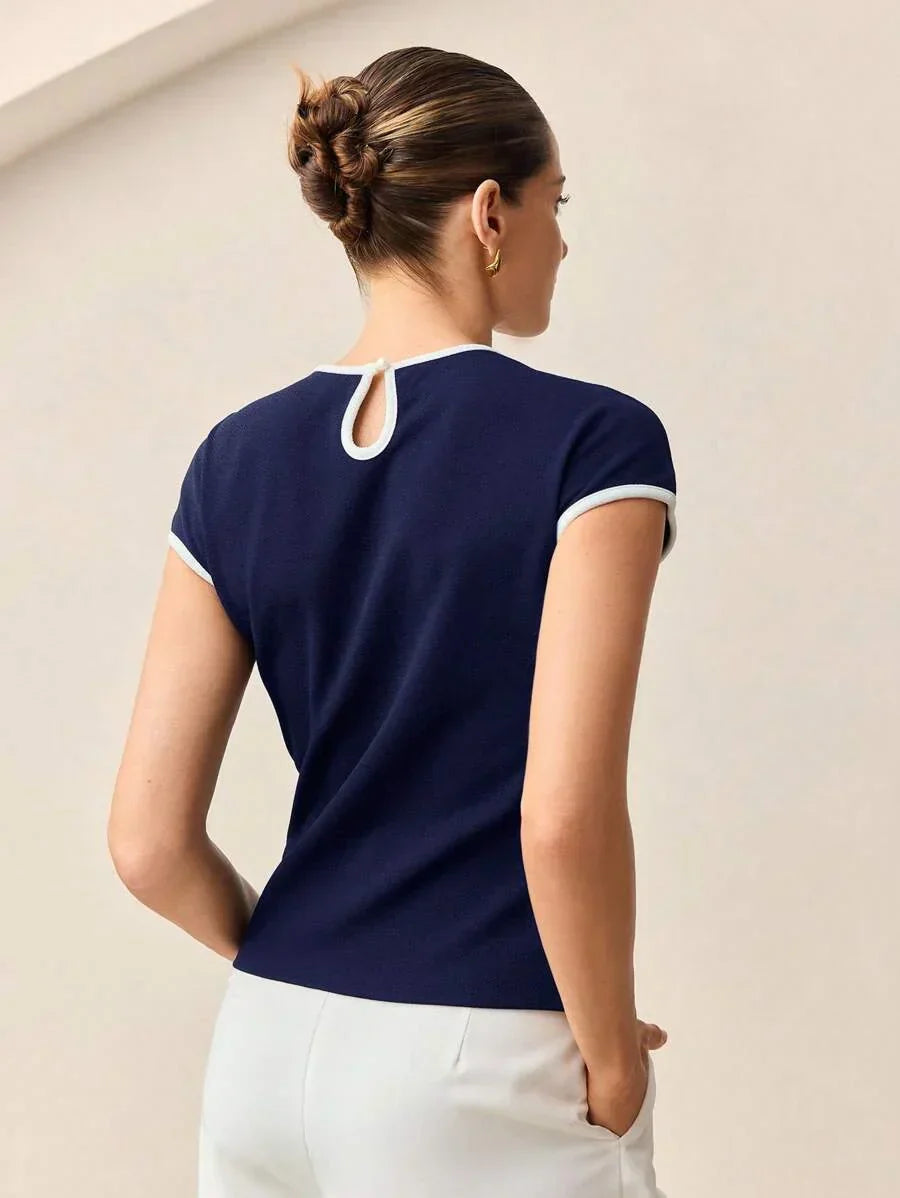 Contrast Trim Round Neck Short Sleeve Tee All Day Comfort