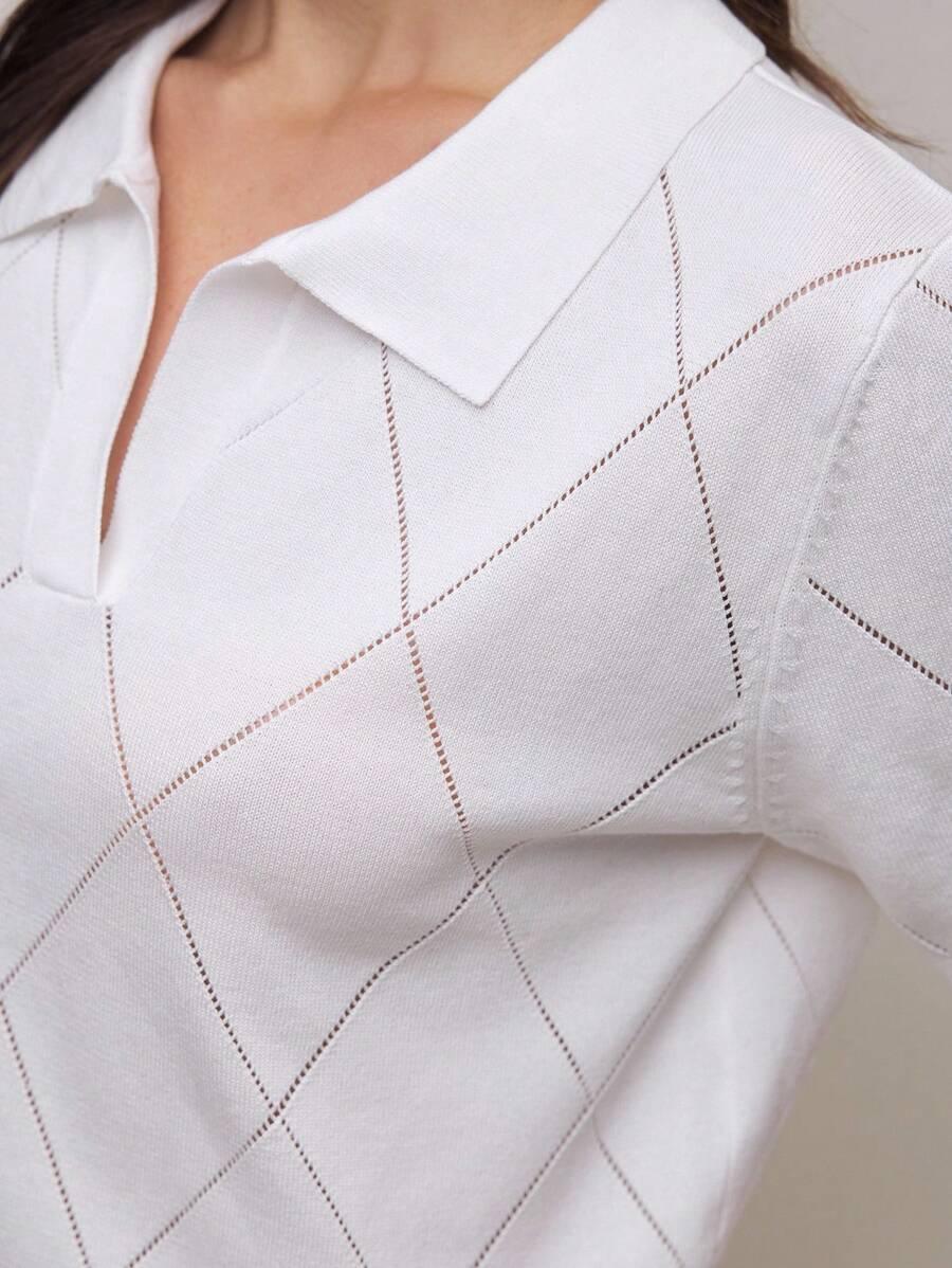 Diamond Knit Polo Collar Short Sleeve Pullover Soft Casual