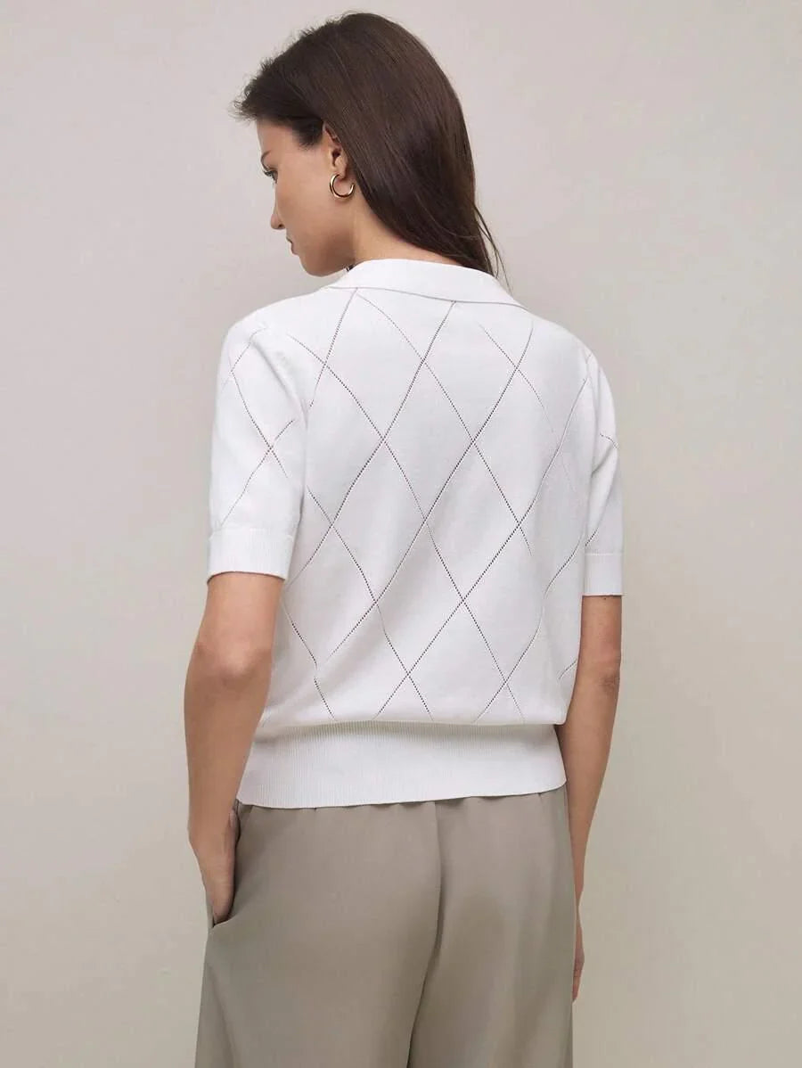 Diamond Knit Polo Collar Short Sleeve Pullover Soft Casual
