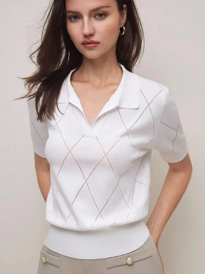 Diamond Knit Polo Collar Short Sleeve Pullover Soft Casual