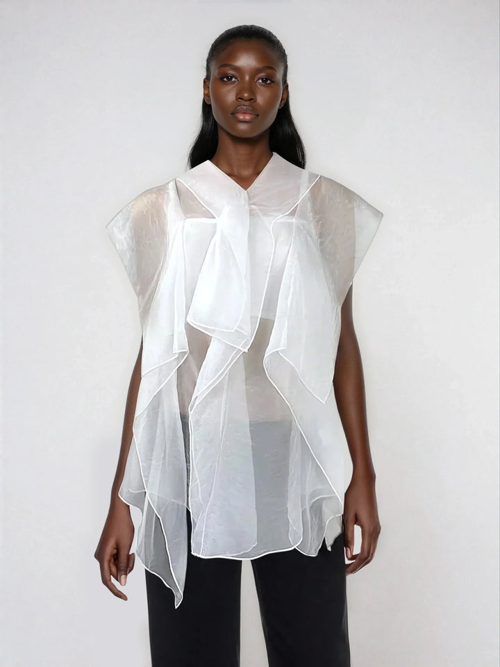 Ruffle Trim Boho Mesh Patchwork Blouse Button Front Casual