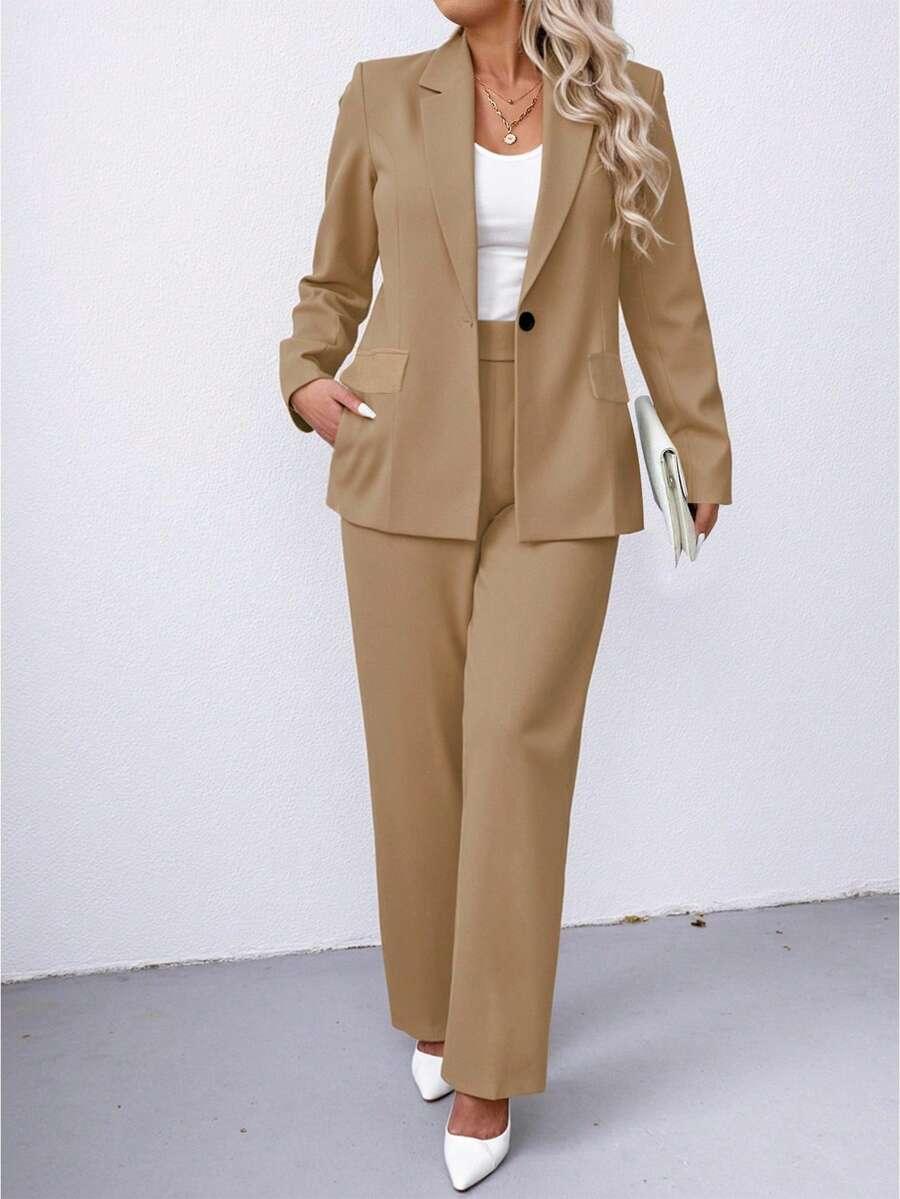 Plus Size Notched Collar Blazer Navy Workwear Casual