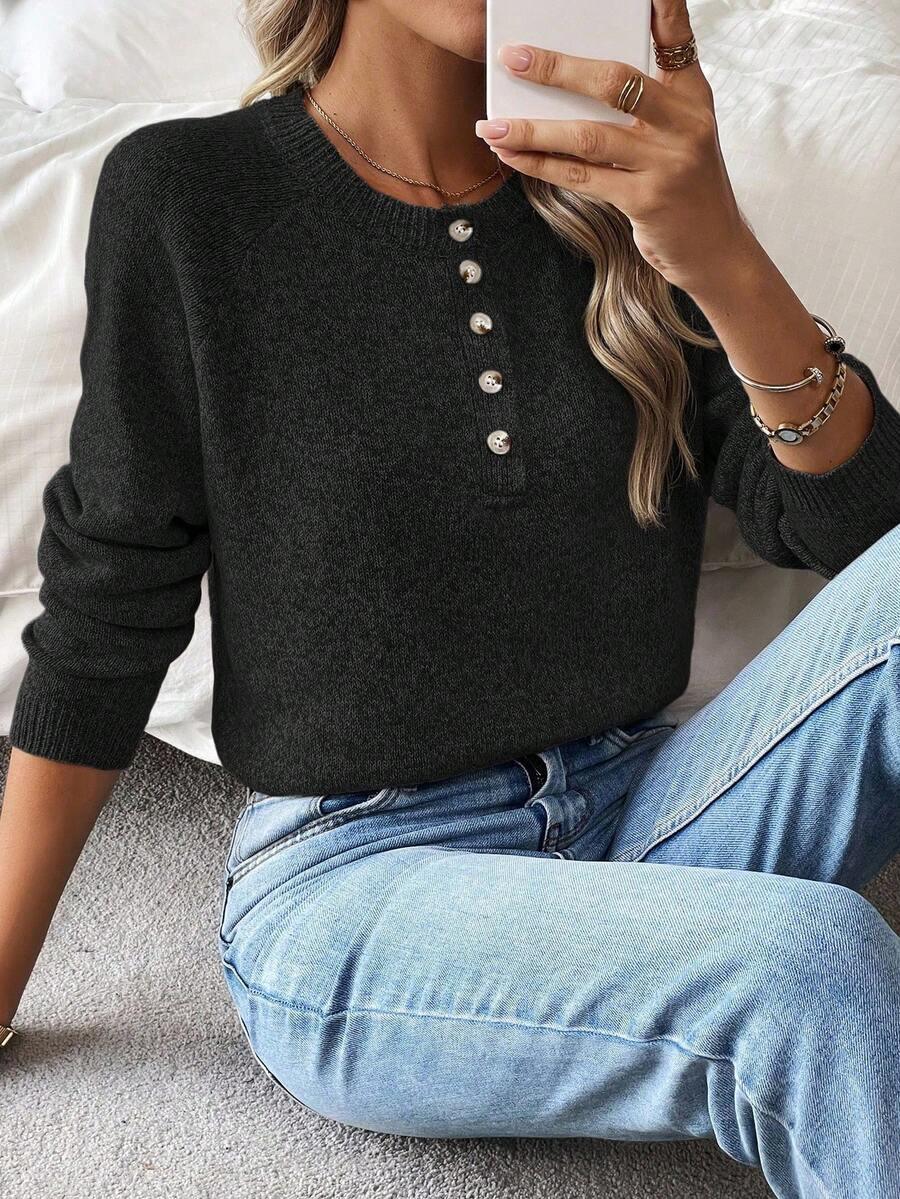 Cozy Knit Sweater With Half Zip Button Front Versatile