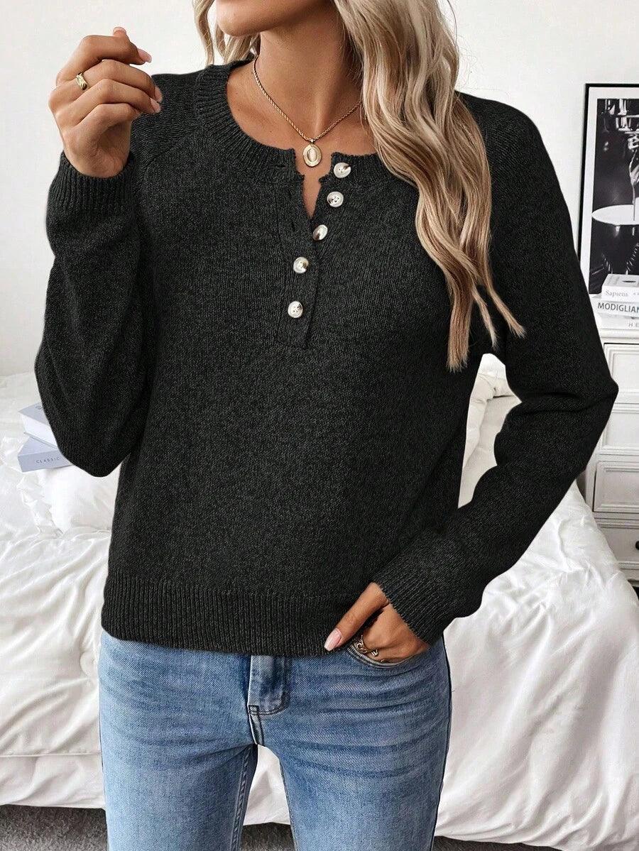 Cozy Knit Sweater With Half Zip Button Front Versatile