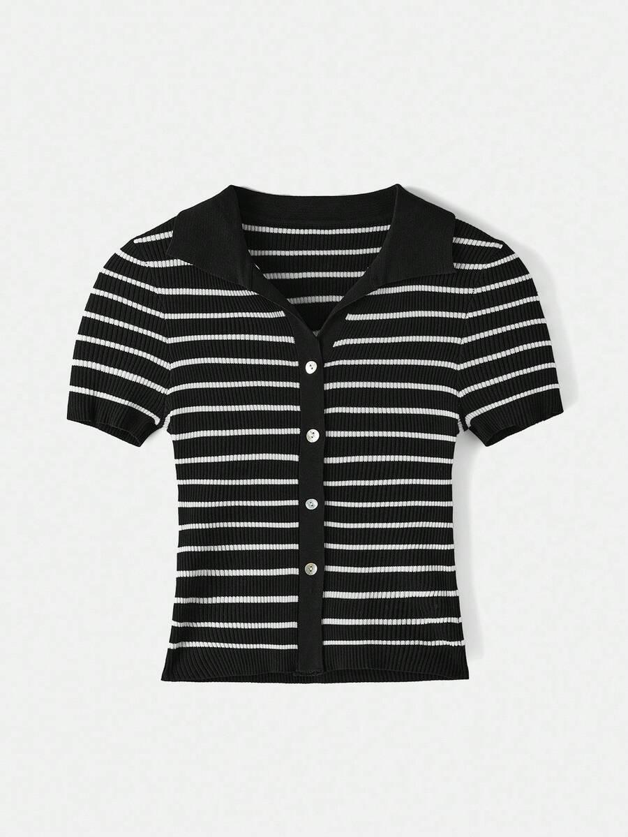 Lined Cashmere Blend Knit Sweater Turndown Collar Stripe