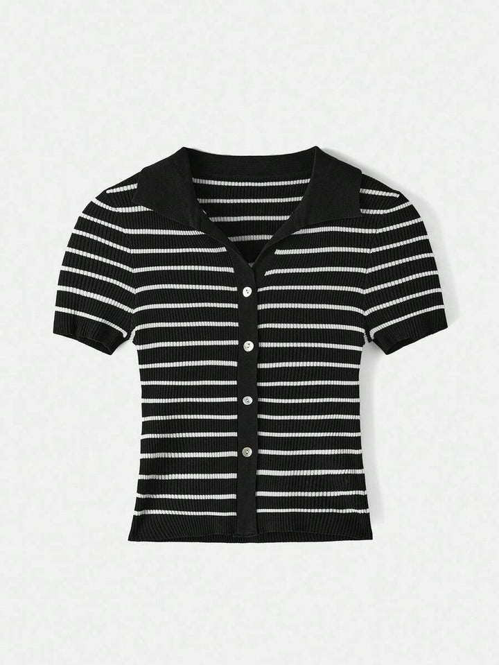 Lined Cashmere Blend Knit Sweater Turndown Collar Stripe