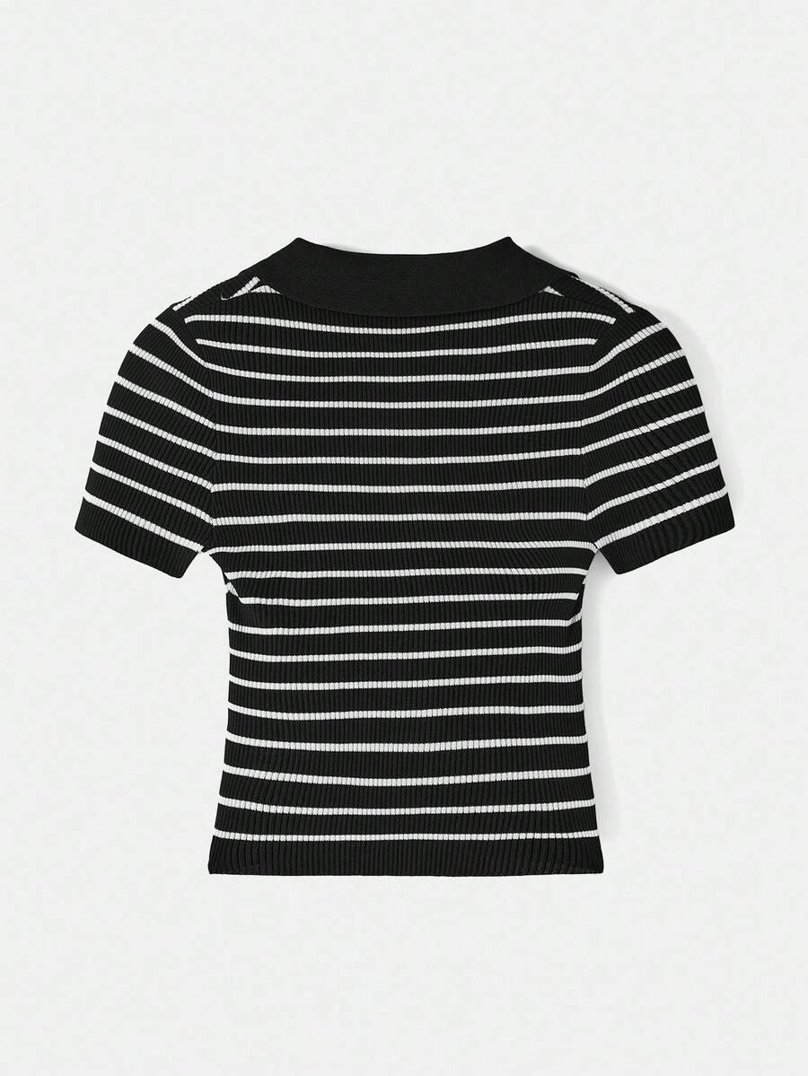 Lined Cashmere Blend Knit Sweater Turndown Collar Stripe