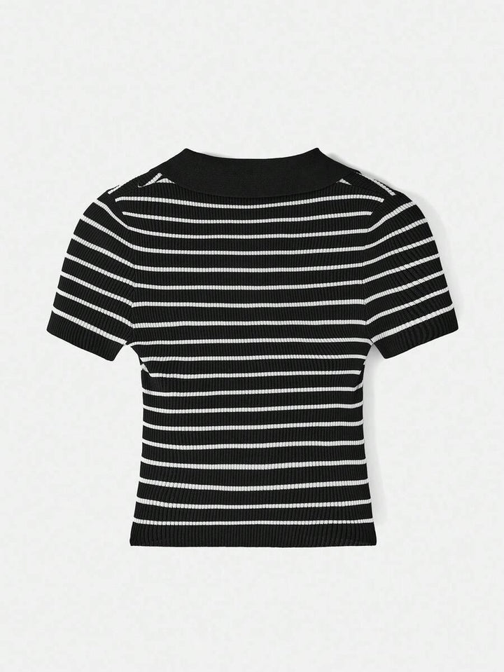 Lined Cashmere Blend Knit Sweater Turndown Collar Stripe