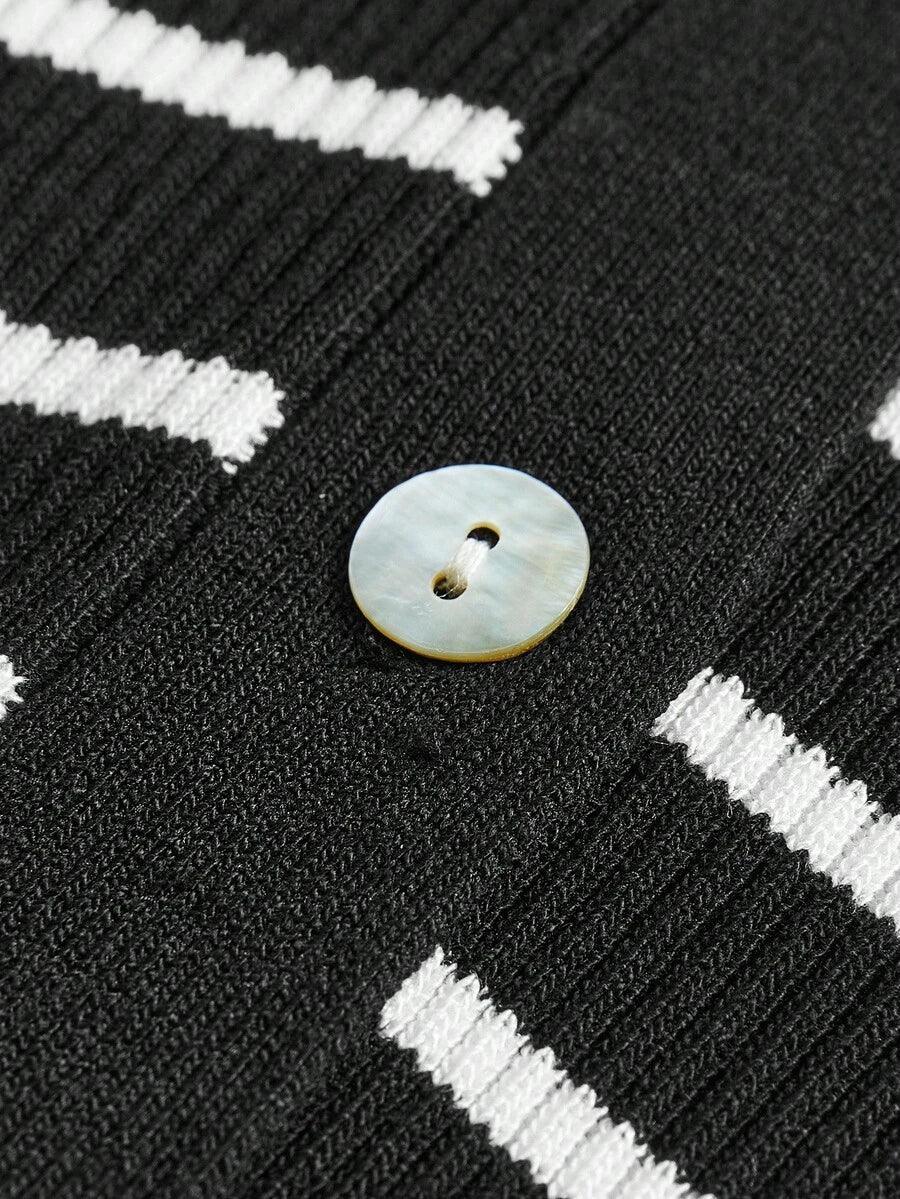 Lined Cashmere Blend Knit Sweater Turndown Collar Stripe
