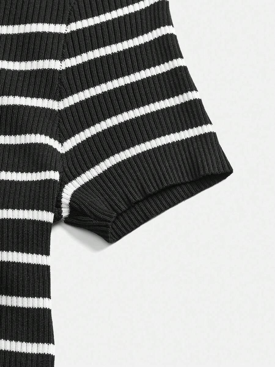 Lined Cashmere Blend Knit Sweater Turndown Collar Stripe