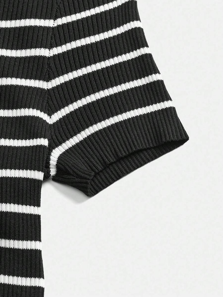 Lined Cashmere Blend Knit Sweater Turndown Collar Stripe