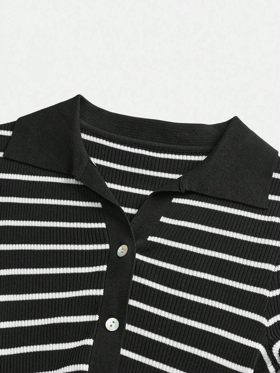 Lined Cashmere Blend Knit Sweater Turndown Collar Stripe