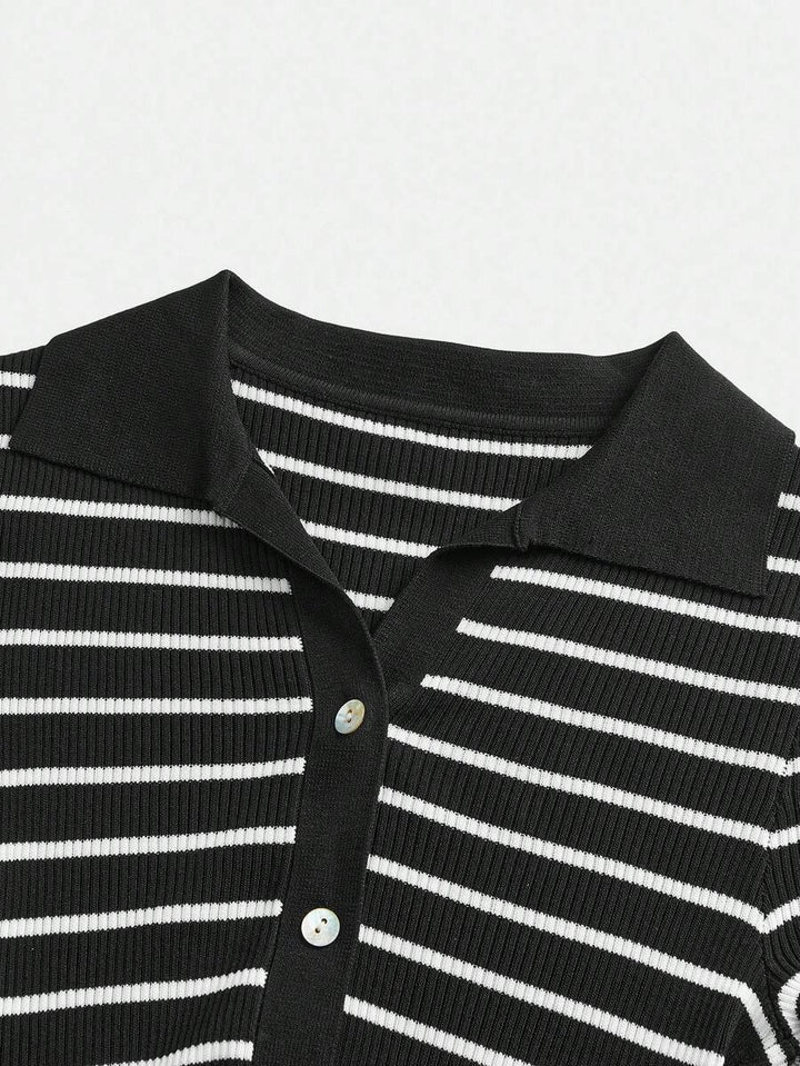 Lined Cashmere Blend Knit Sweater Turndown Collar Stripe