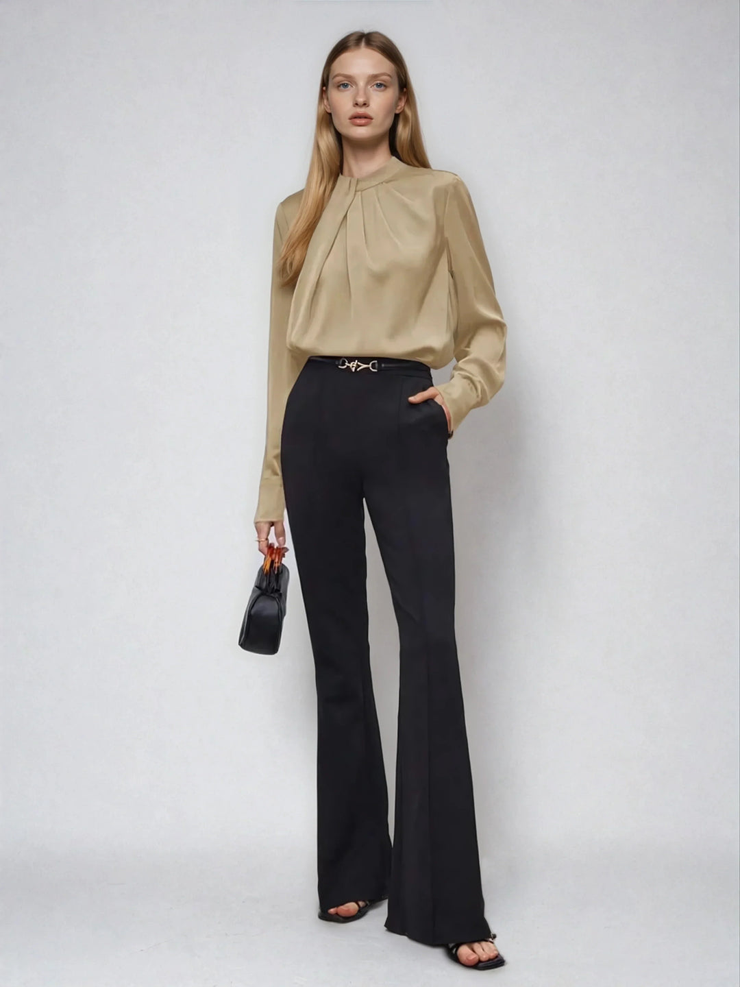 Asymmetric Ruched Stand Collar Top Versatile Office Wear