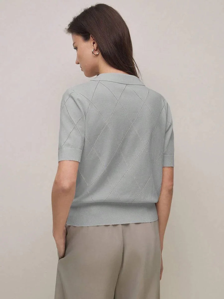 Diamond Knit Polo Collar Short Sleeve Pullover Soft Casual