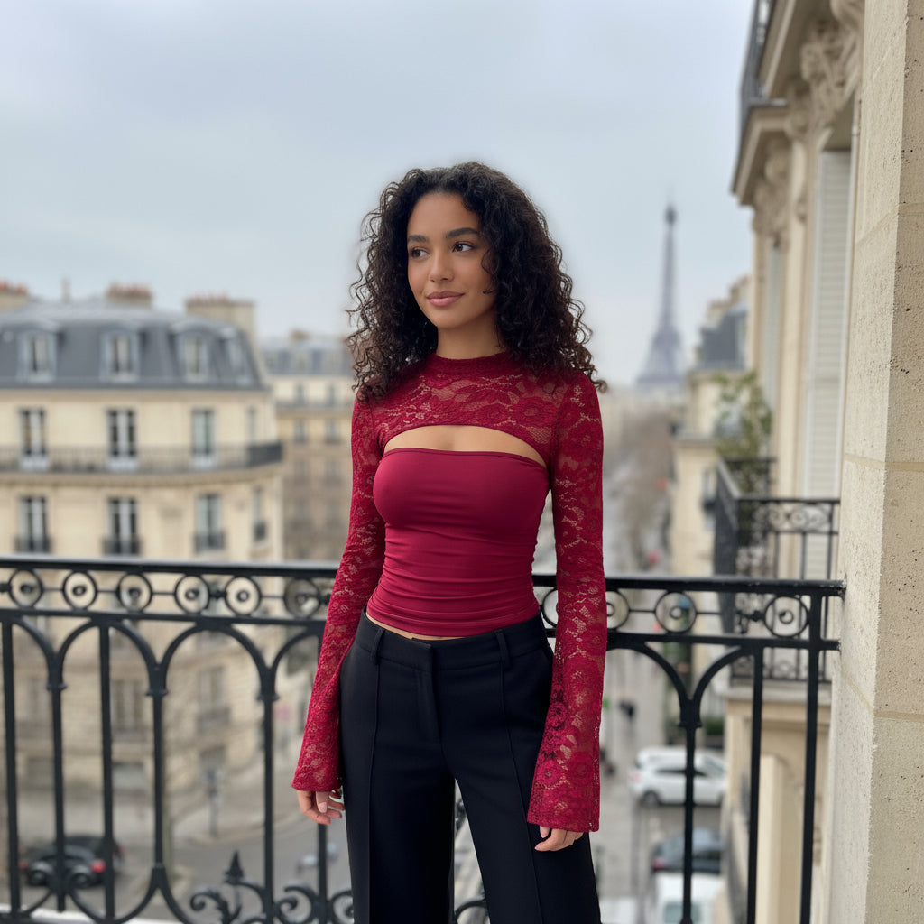 Long Sleeve Lace Top - dark red