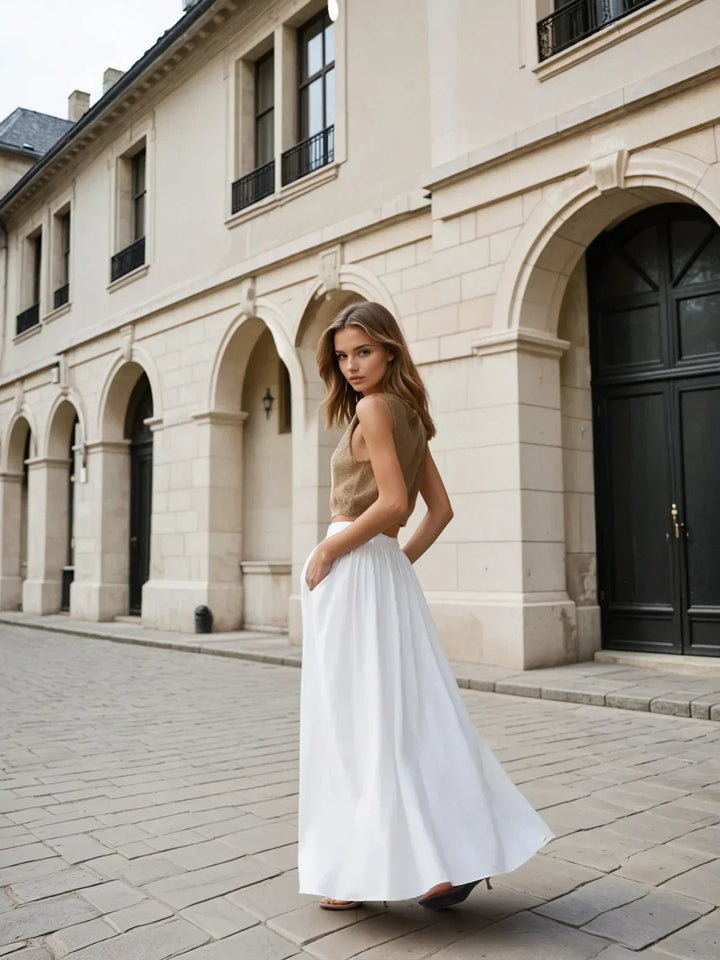 High Waist Casual All-matching Linen Pleated Maxi Skirt