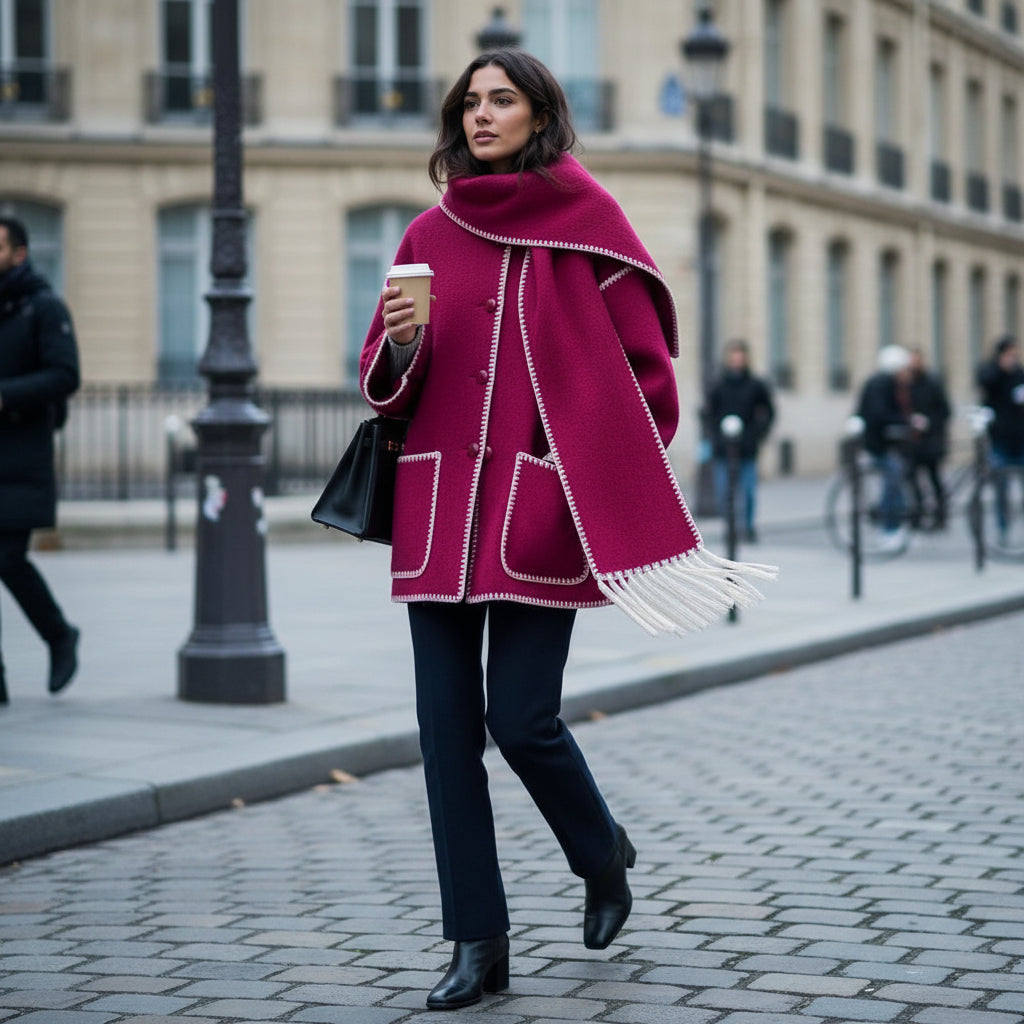 Fringe Scarf Wool Coat