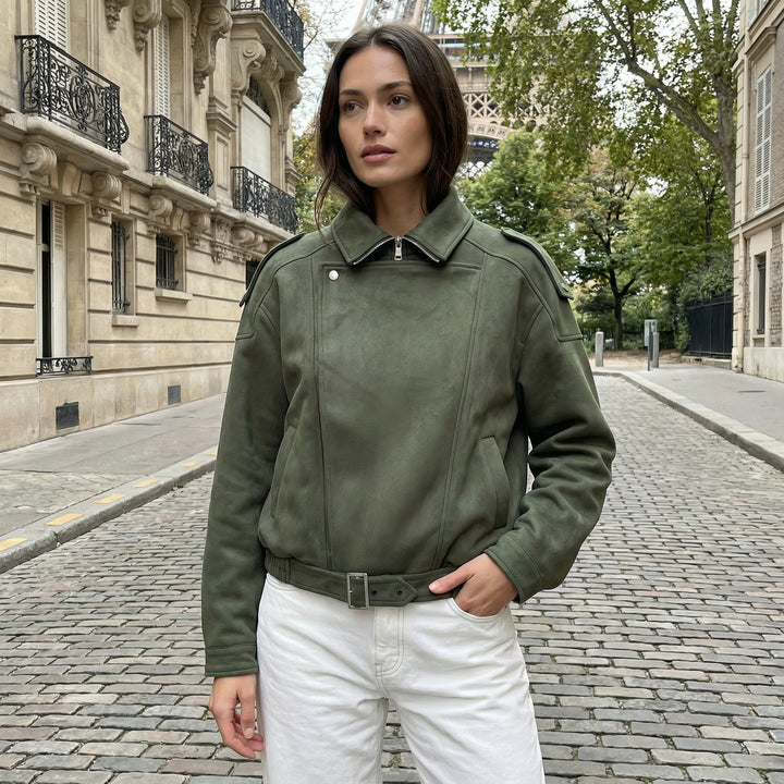 Velour Suede Belted Biker Jacket