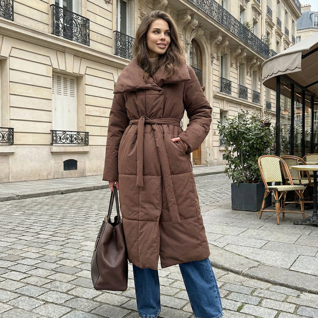 Long Puffer Coat with Tie Waist