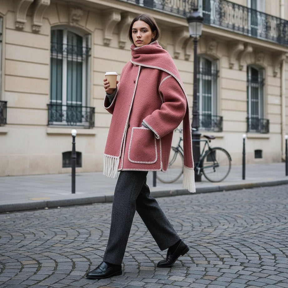 Fringe Scarf Wool Coat