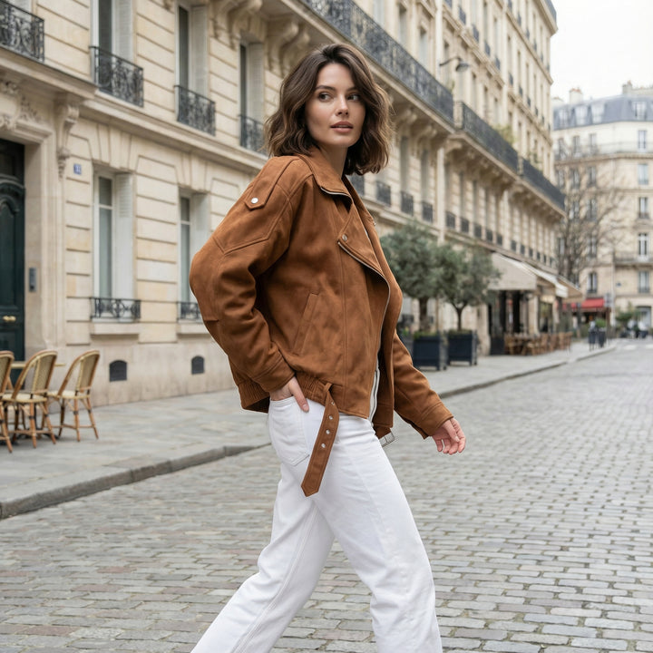 Velour Suede Belted Biker Jacket