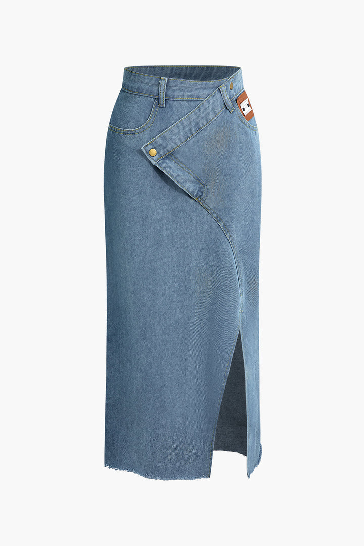 Wrap-Slit Denim Midi Skirt