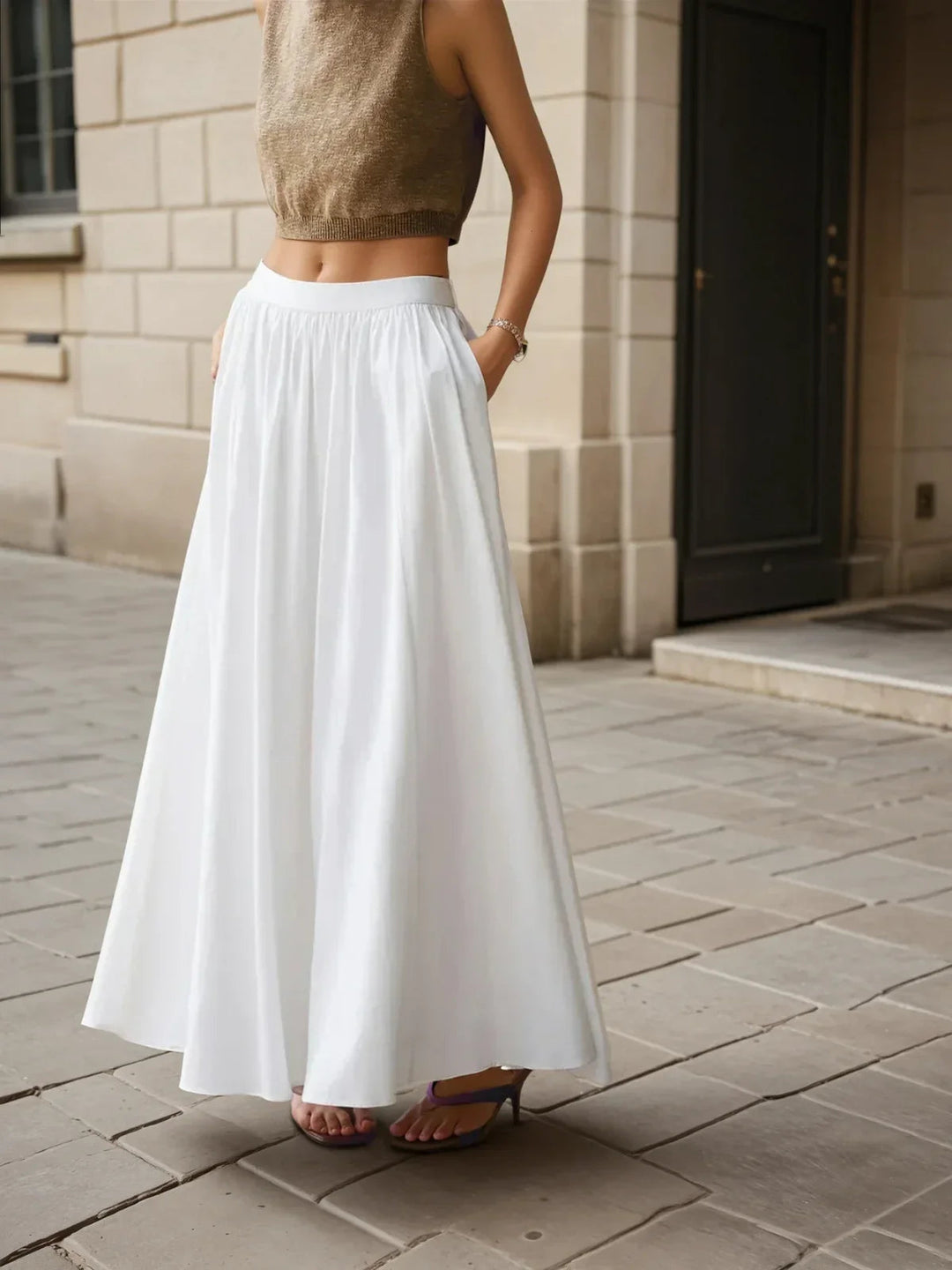 High Waist Casual All-matching Linen Pleated Maxi Skirt