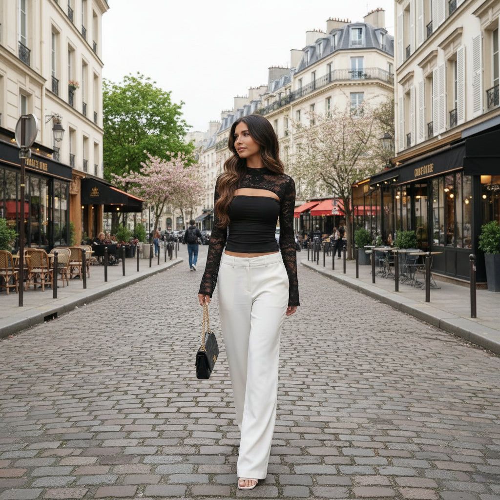 Long Sleeve Lace Top - black