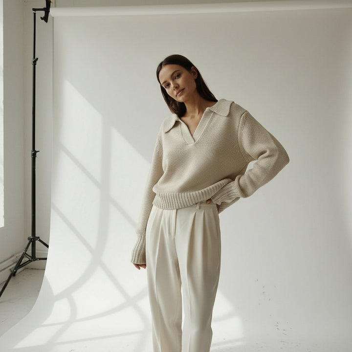 Lapel Structured Rib Knit Sweater