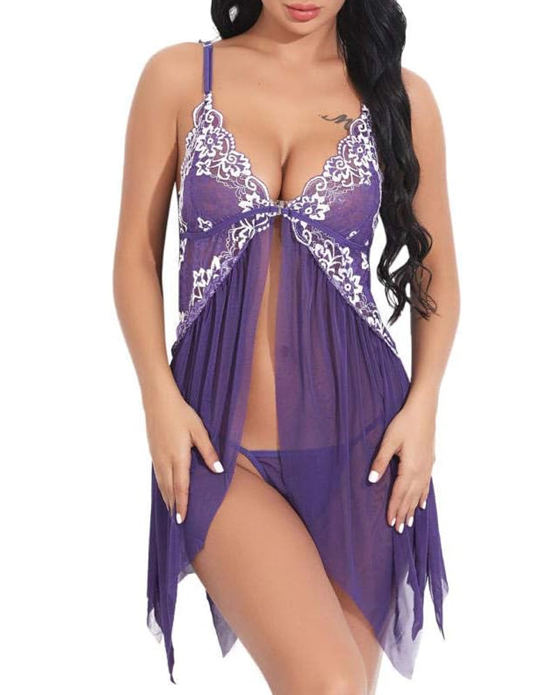 Sylviana – Lace Mesh Suspender Nightdress Set