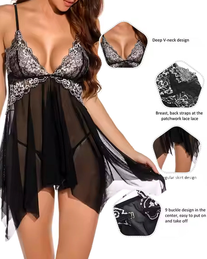 Sylviana – Lace Mesh Suspender Nightdress Set