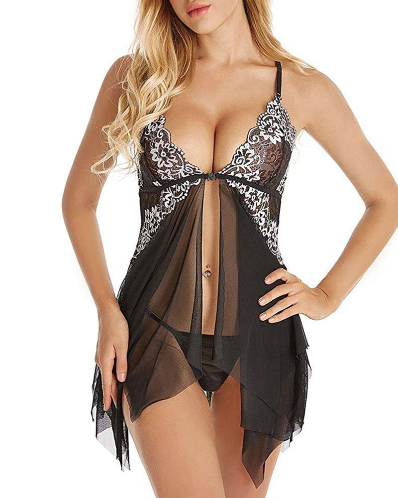 Sylviana – Lace Mesh Suspender Nightdress Set