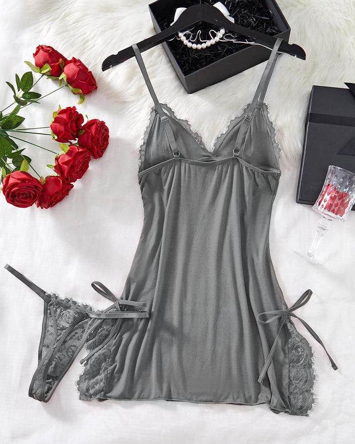 Marcelaya – Bow Decor Contrast Lace Nightdress Set