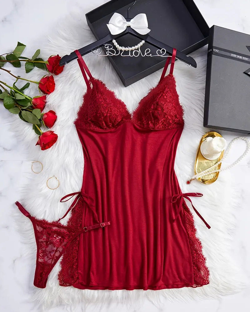 Marcelaya – Bow Decor Contrast Lace Nightdress Set
