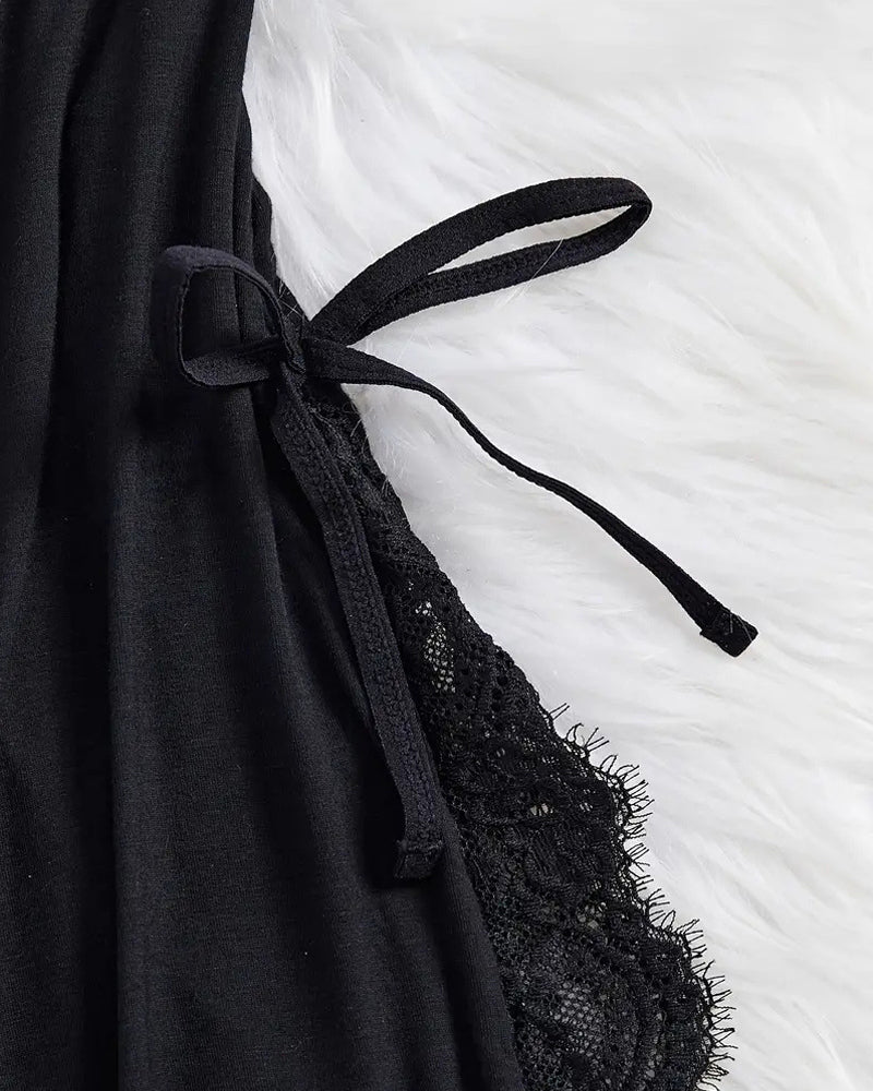 Marcelaya – Bow Decor Contrast Lace Nightdress Set