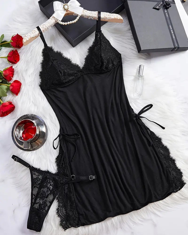 Marcelaya – Bow Decor Contrast Lace Nightdress Set