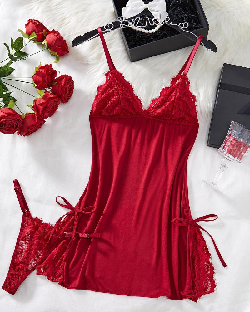 Marcelaya – Bow Decor Contrast Lace Nightdress Set