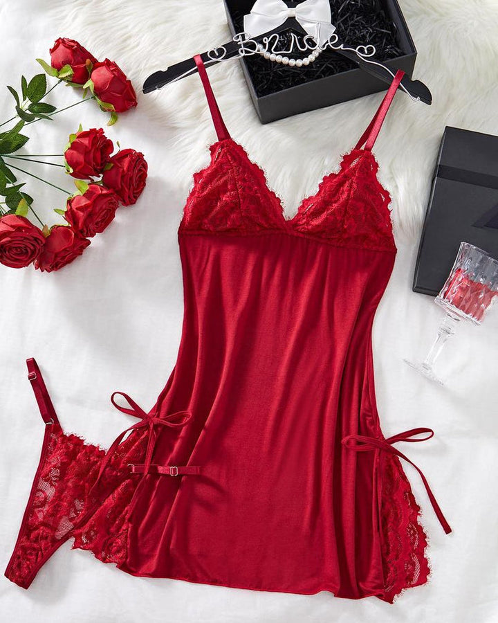 Marcelaya – Bow Decor Contrast Lace Nightdress Set