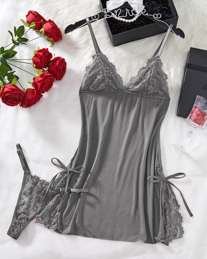 Marcelaya – Bow Decor Contrast Lace Nightdress Set