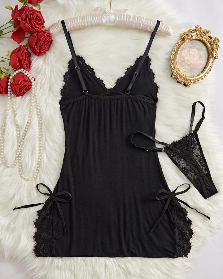 Marcelaya – Bow Decor Contrast Lace Nightdress Set